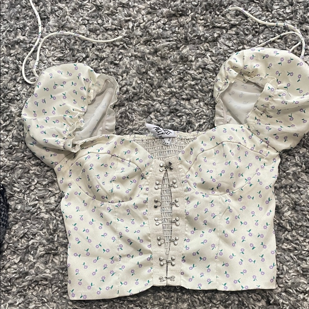 Princess Polly Cream Floral Lace-Up Blouse